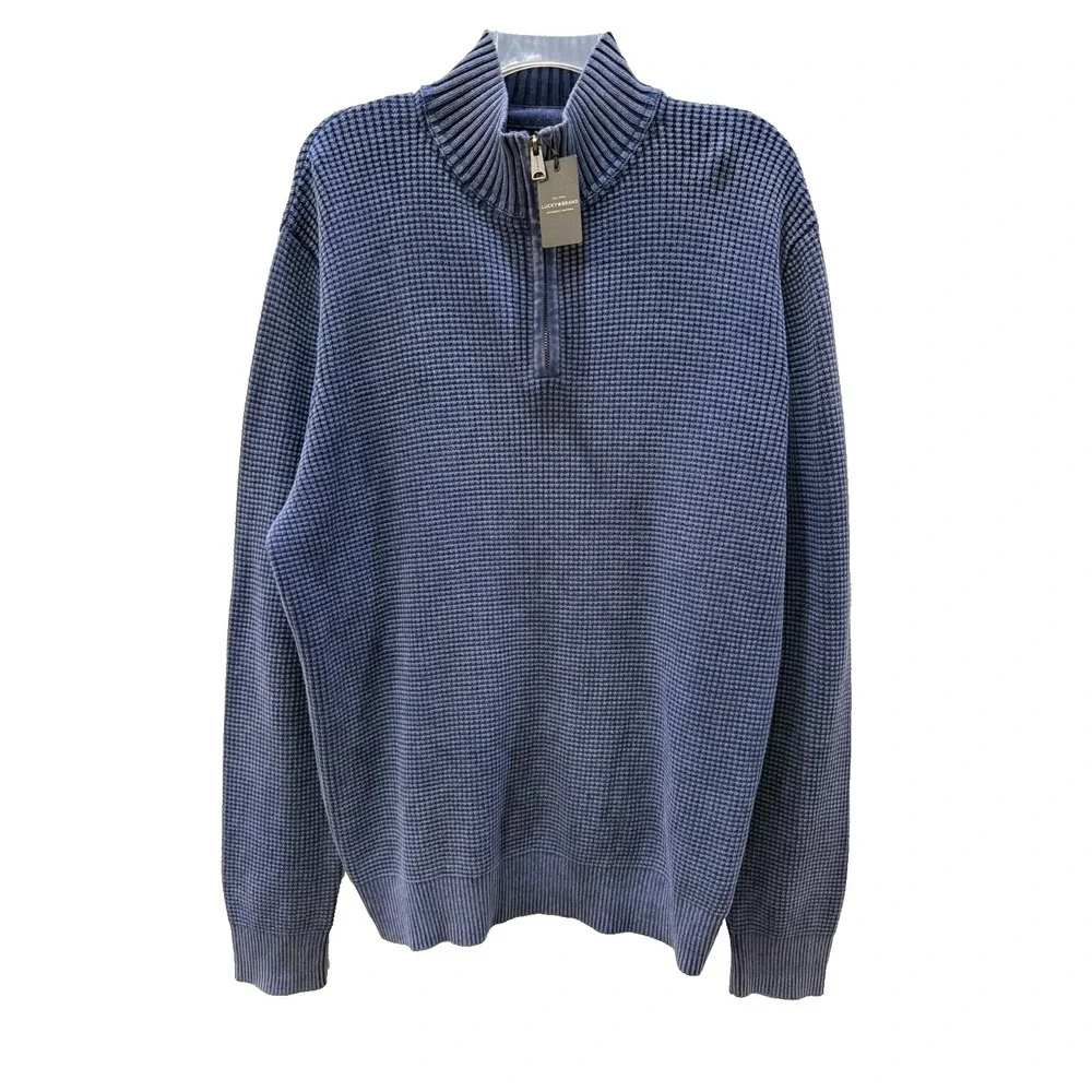 NWT Men's Lucky Brand Size XL Denim Blue Waffle Knit‎ 1/4 Zip Cotton Sweater